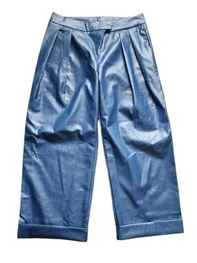 Faux Leather Pleated Pants Blue Wide Leg Cropped High Rise XL